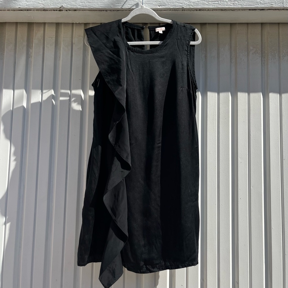 CUYANA black silk ruffle assymetrical sleeveless mini‎ dress